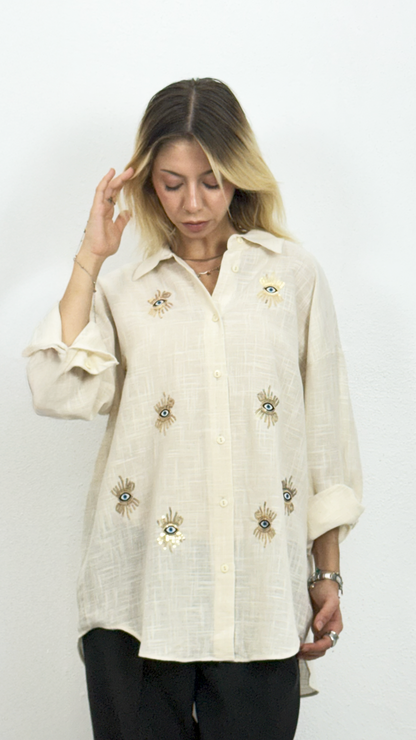 Göz Detaylı Keten Gömlek