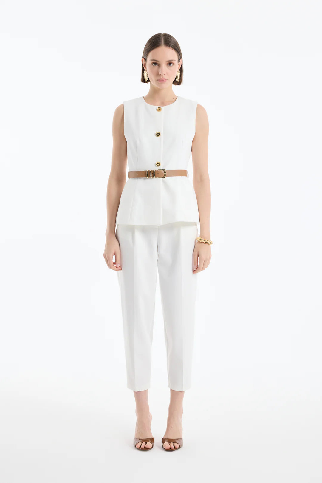 Kemer Aksesuarlı Düğmeli Kolsuz Yelek-Ekru