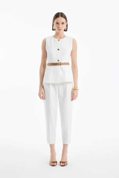 Kemer Aksesuarlı Düğmeli Kolsuz Yelek-Ekru