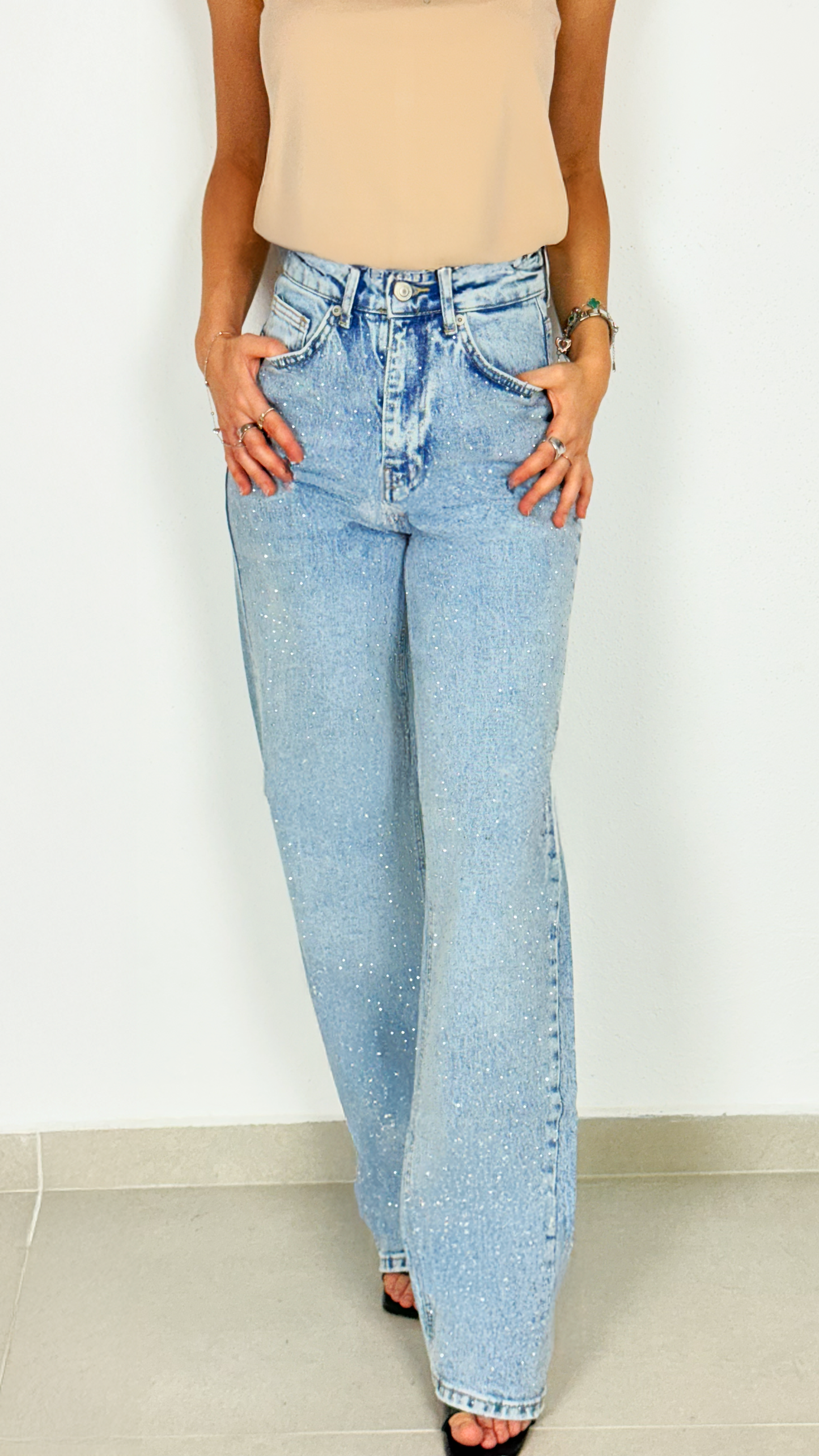 Taş Detaylı Palazzo Kot Pantolon