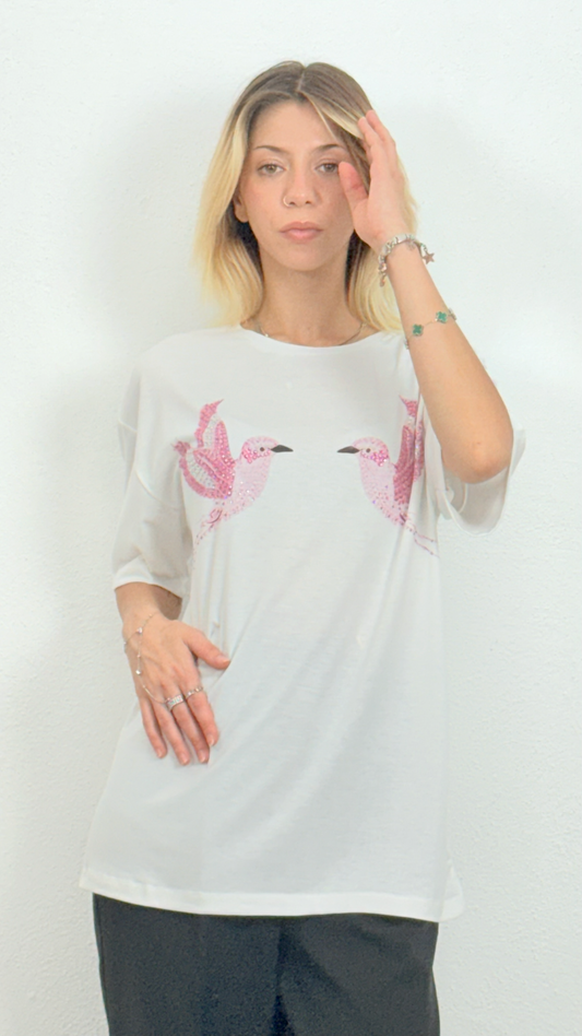 Kuş ve Taş Detaylı T-Shirt