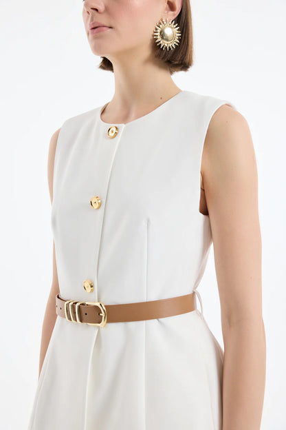 Kemer Aksesuarlı Düğmeli Kolsuz Yelek-Ekru