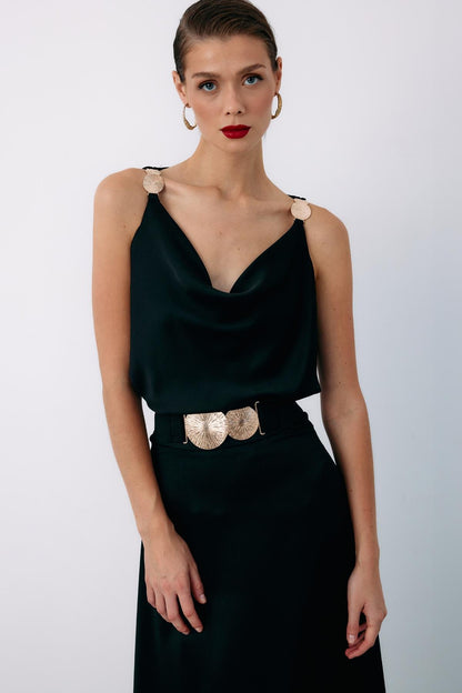 Omuz Aksesuarlı Salaş Bluz - Siyah