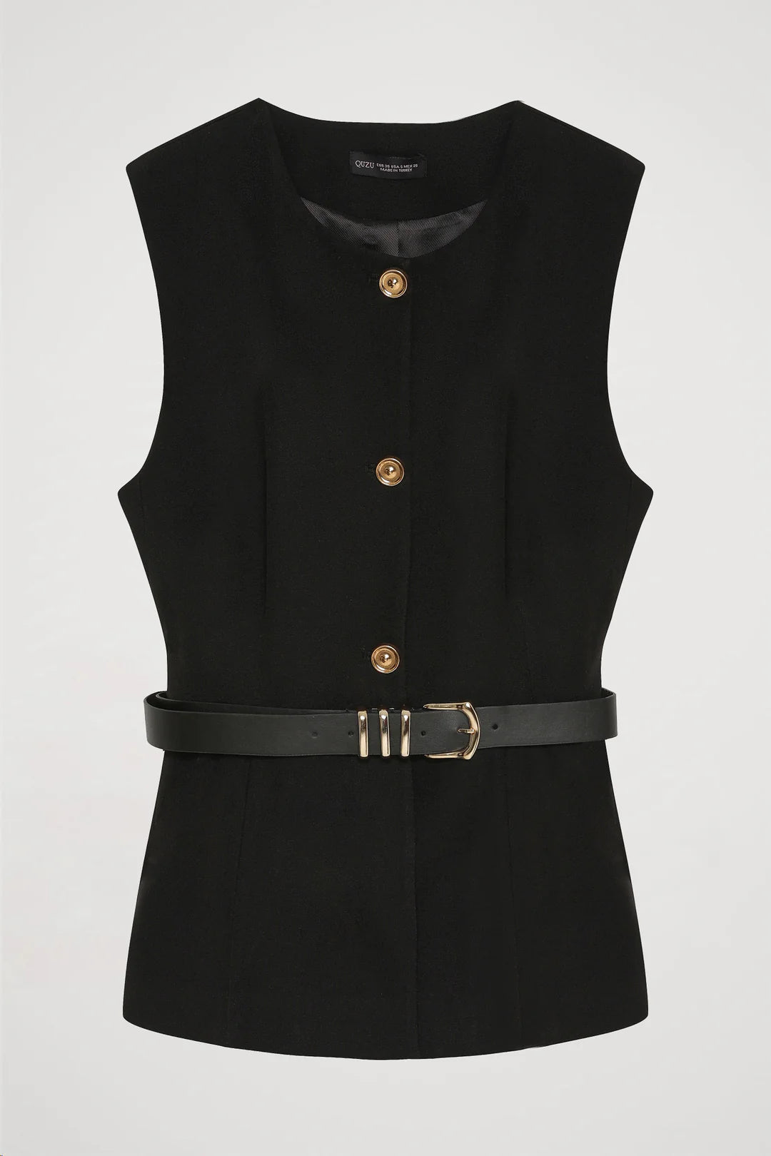 Kemer Aksesuarlı Düğmeli Kolsuz Yelek-Siyah