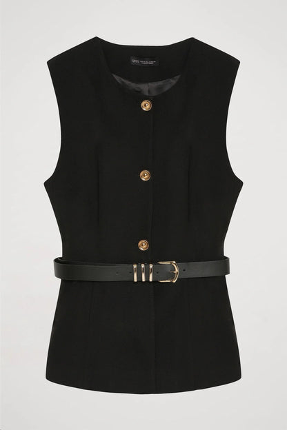 Kemer Aksesuarlı Düğmeli Kolsuz Yelek-Siyah