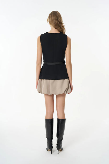 Kemer Aksesuarlı Düğmeli Kolsuz Yelek-Siyah